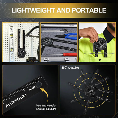 Dead On Aluminum Miter Saw Protractor Angle Finder Tool For Crown Molding And Trim Work Heavy Duty Carpenter Gauge showcasing 360° rotation and peg board mounting.