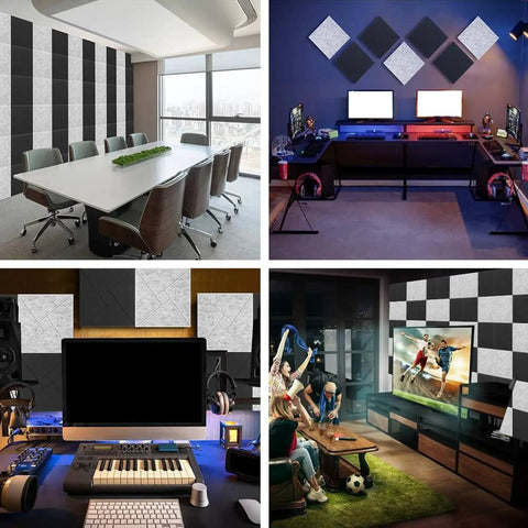 Twelve Piece Heavy Duty Acoustic Foam Wall Panels Crafted For Home Studios And Modern Workspaces Delivering Top Shelf Sound Dampening And Flame Retardant Coverage in office and gaming setups.