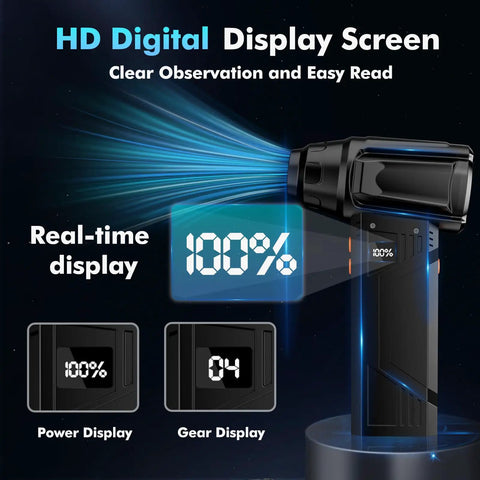 Beast Mode Cordless Air Duster With LED Light, 180000 RPM Turbo Cleaning Power showing digital display with power and gear indicators.