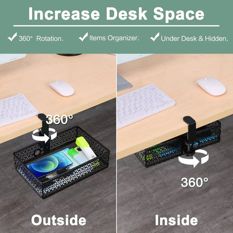 Heavy Duty Clamp On Under Desk Organizer Basket With 360 Degree Rotation Non Slip Pad Hanging Mount Space Saving Storage Tray