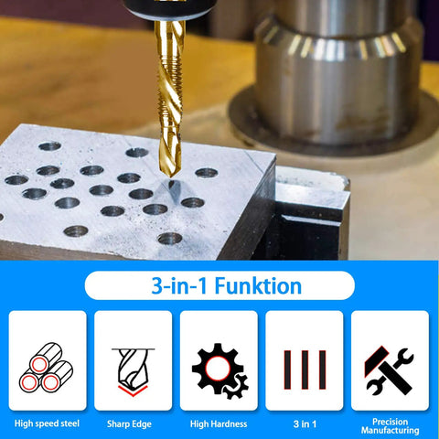 Six Piece Combination Drill Tap Bit Set SAE One Quarter Twenty NC Thread Size Titanium Coated High Speed Steel demonstration
