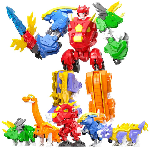5 In 1 Transforming Dinosaur Robot Set For Kids And Toddlers STEM Building Kit with Triceratops Action Figures combined into a large robot