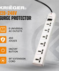 Workhorse Universal Power Strip With Six Outlets And Six Foot Cord 220 240V Surge Protector displayed vertically with features