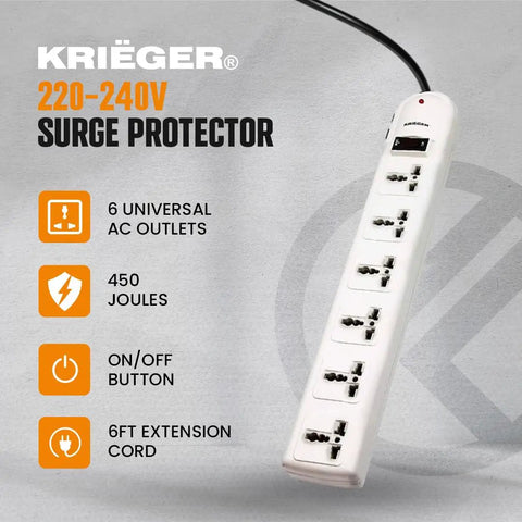 Workhorse Universal Power Strip With Six Outlets And Six Foot Cord 220 240V Surge Protector displayed vertically with features