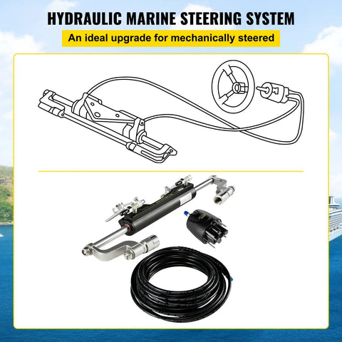 Outboard Hydraulic Steering Kit For Boats With 300HP Cylinder, Helm Pump And 20ft Hydraulic Hose Set displayed