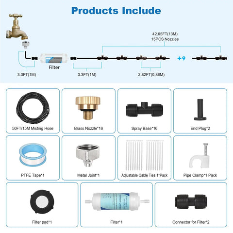 Plug And Play Outdoor Misting Kit 50 Feet Installation Free With Built In Water Filter 15 Brass Nozzles product components