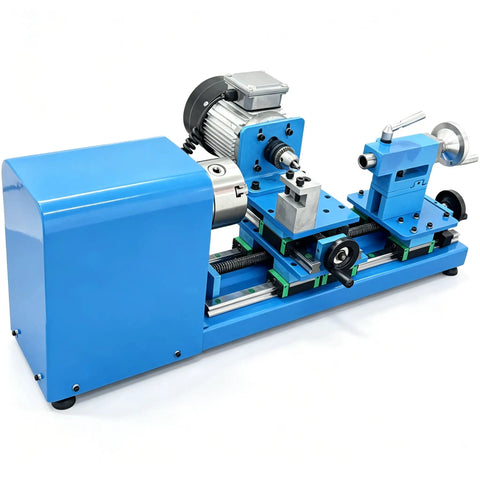 Techtongda Dual Motor Wood Lathe Combo With 750W Brushless Spindle And 450W Drilling Unit, compact blue woodworking machine.