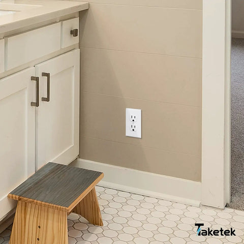 Durable White Duplex Outlet Covers 10 Pack Wall Plates For Outlets Dual Receptacle Faceplates installed in a home kitchen