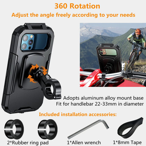 IP66 Waterproof Bike Phone Mount With Aluminum Alloy Handlebar Base, Touchscreen Motorcycle Holder, shown on bike handlebar