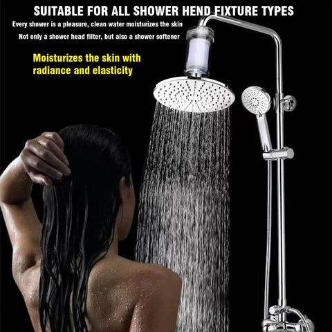 Person using shower with 1 Micron High Density Water Filter for Washing Machines and Showers, visible filtration system
