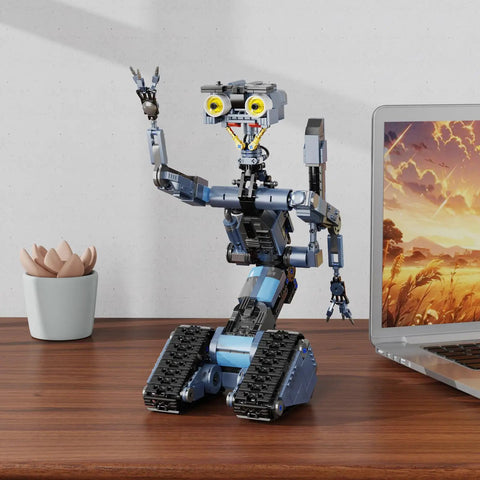 Johnny 5 Robot Building Set With Remote Control 1176 Pieces Rechargeable STEM Tech Movie Robotic Figure Model Kit For Adults Men Geek Gift Educational Hands On Robotics Project Gift Idea For Fans on desk, 18.5 in tall