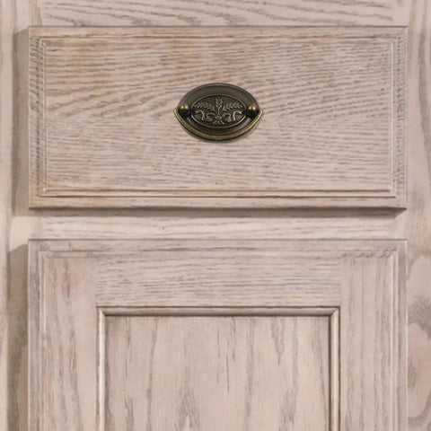 Top Shelf Heavy Duty Oval Ring Drawer Pulls Antique Zinc Alloy Cabinet Handles on wooden cabinet door, vintage style, 64Mm spacing.