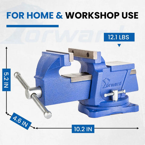 Beefy 4 Inch Bench Vise With Swivel Base And Anvil, blue ductile iron, labeled dimensions, heavy duty for home shop use