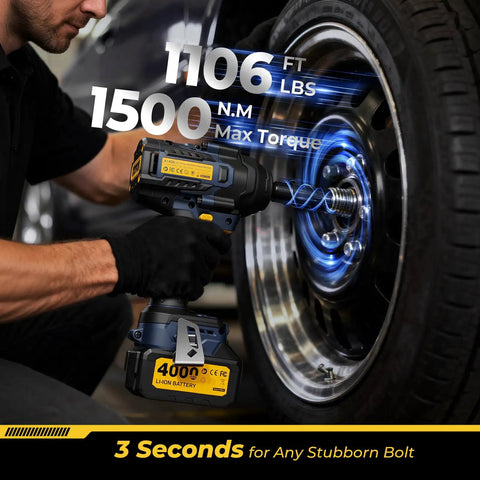 Heavy Duty Cordless Impact Wrench Beast Mode Power With 1106 Ft Lbs Torque Brushless Half Inch Drive 3500 RPM 21V With Dual 4Ah Batteries 4 Modes 5 Sockets For Truck RV And Heavy Construction, tightening truck wheel lug nuts