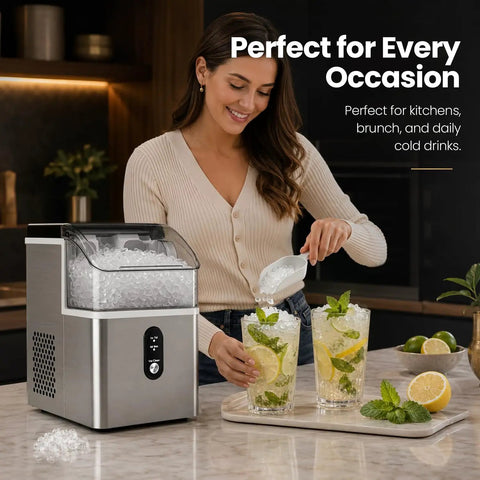 Beast Mode Countertop Nugget Ice Maker Churns Out Thirty Three Pounds Daily With Hassle Free Self Clean And One Click Start making drinks.
