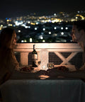 Couple dining on balcony illuminated by Touch Control Rose Crystal Lamp With USB Port 16 RGB Color Changing LEDs Romantic Diamond Table Lamp.