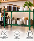 Badass Two Shelf Heavy Duty Wire Shelving Unit, 14x60x27 Green Epoxy NSF Rack For Kitchen Garage holding coffee jars and dishes.