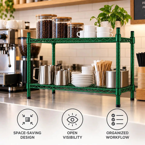 Badass Two Shelf Heavy Duty Wire Shelving Unit, 14x60x27 Green Epoxy NSF Rack For Kitchen Garage holding coffee jars and dishes.