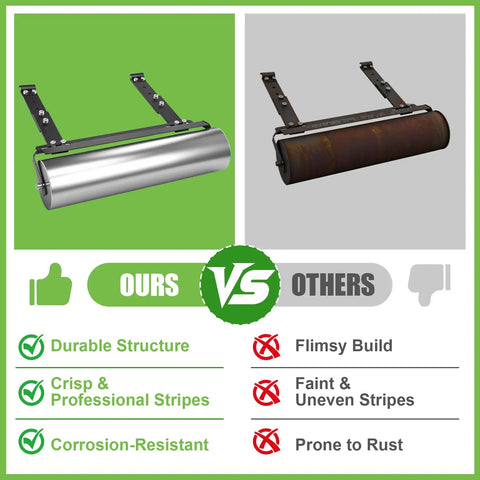 Comparison of heavy duty lawn striping kit for 21 inch push mowers compatible with LM2100 series against a rust-prone kit.