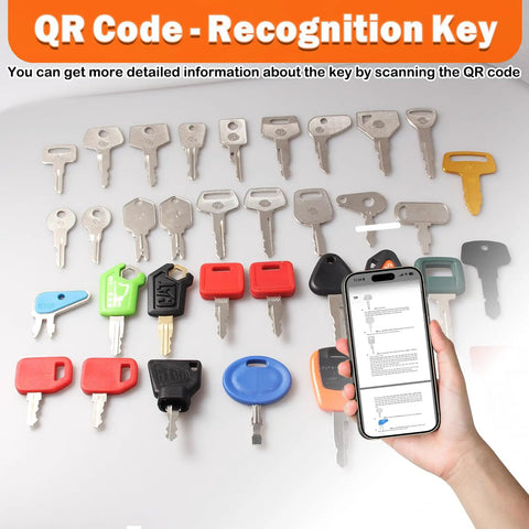 All In One Heavy Equipment Key Master Set With Full Coverage Keys For Excavators Dozers Loaders And Backhoes Universal Compatibility Across Major Machines Stocked Spare Keys For Your Construction Fleet displayed on table next to smartphone showing QR code instructions