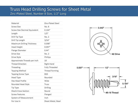 Size 8 By 1/2 Inch Phillips Modified Truss Head Self-Drilling Tek Screw For Sheet Metal And Wire Lath To Metal Studs, Zinc Plated Steel, Heavy Duty, Box Of 100