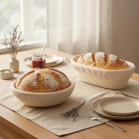 Banneton Bread Proofing Basket Set With Liners, 9 Inch Round and 10 Inch Oval Sourdough Kit on kitchen table