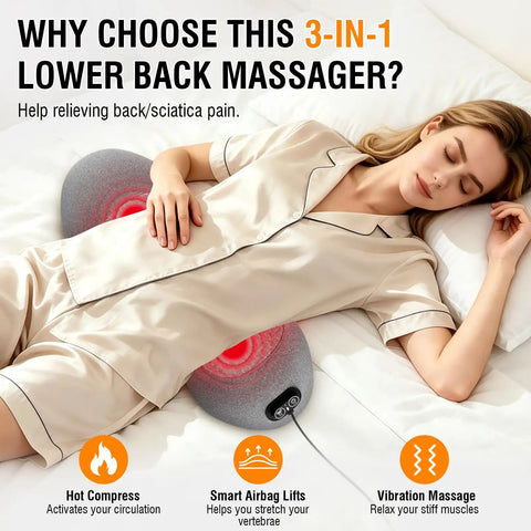 Totally Crushing Lower Back Pain With This Electric Lumbar Support Pillow That Delivers Soothing Heat, Intense Vibration Massage, Smart Air Lift Relief For Serious Pain Relief And Total Comfort All Day Long in use on a bed.
