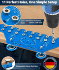 2 In 1 11-Hole Shelf Pin Jig And Concealed Hinge Drilling Guide, showing integrated clamping, 1/4 inch pins, 5mm hinges, woodworking tool.
