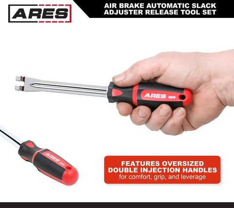 Person holding 2 Piece Slack Adjuster Release Tool Set For Air Brake Systems, fork end tool with ergonomic handle.