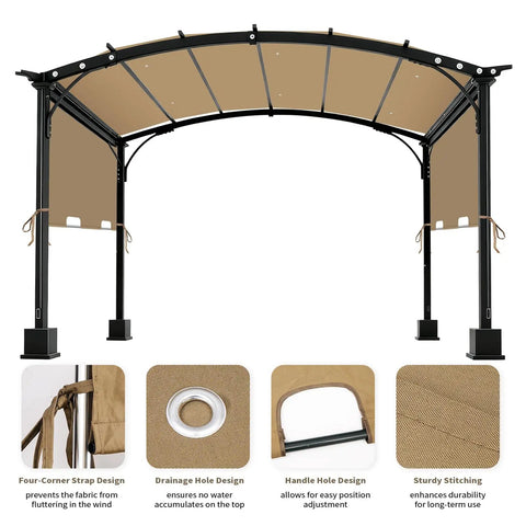 Waterproof Premium Pergola Shade Cover 85x208 Inches For 17x7.4 Ft Outdoor Pergolas Fit Flat Top Or Curved Styles Keeps Your Patio Cool With Fresh Look Canopy Khaki installed on a black curved pergola frame.