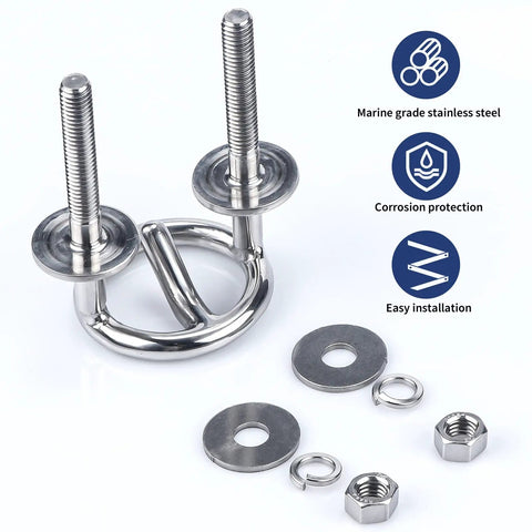 316 Stainless Steel Transom Mount Ski Tow Eye for Boats and Kayaks with installation nuts and washers, saltwater ready