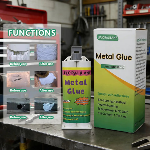 Heavy Duty Workhorse Metal Repair Epoxy Glue 1.76 Oz Waterproof Two Part Bond displayed with box and squeegee in workshop