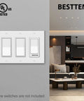 Two Pack 3 Gang Decorator Wall Plate Cover for GFCI Outlets and Dimmer Switches in white, shown installed in a living room.