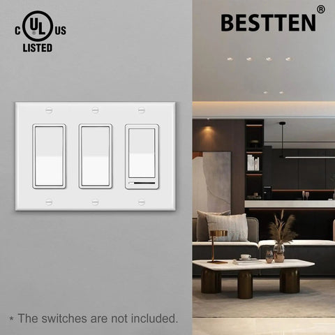 Two Pack 3 Gang Decorator Wall Plate Cover for GFCI Outlets and Dimmer Switches in white, shown installed in a living room.