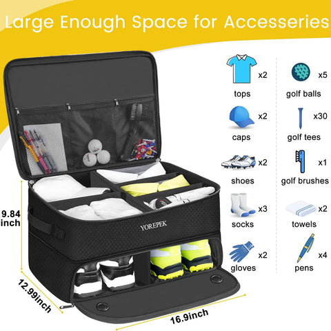 Two Layer Golf Trunk Organizer With Ventilated Shoe Compartment For Two Pairs Shoes Waterproof Car Trunk Locker For Balls Tees Clothes Gloves And Accessories Ideal Golf Gear Gift For Men with items display
