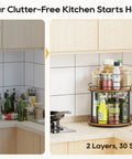 Before and after kitchen counter with 12.4 Inch Two Tier Lazy Susan Organizer Rotating Wooden Spice Rack For Inside Cabinets Pantry Kitchen Countertop Bathroom Vanity Versatile Storage Solution
