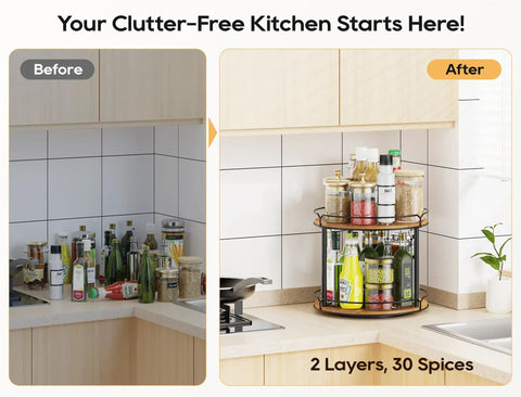 Before and after kitchen counter with 12.4 Inch Two Tier Lazy Susan Organizer Rotating Wooden Spice Rack For Inside Cabinets Pantry Kitchen Countertop Bathroom Vanity Versatile Storage Solution