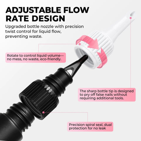 Adjustable flow nozzle of 15g Semi Solid Nail Glue For Press Ons With 10ml Glue Remover Quick Dry Extra Strong Bond No Lamp Needed.