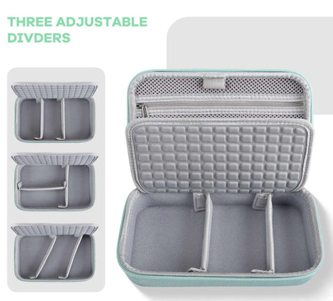 Open view of Road Trip Ready Hard Shell Electronics Organizer Case For Macbook Chargers Adapters Cables Power Bank Usb Drives Sd Cards And Tech Gears With Shockproof Protection Green Bag showing three adjustable dividers.