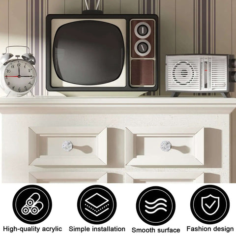 Vintage TV and radio on cabinet featuring 20 Pack Crystal Cabinet Knobs for Cabinets and Drawers, Diamond Shaped Silver Pull Handles with Screws.