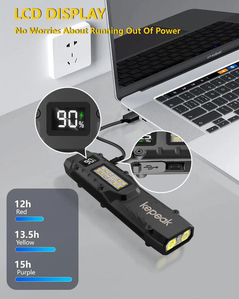 Compact EDC Flashlight With USB C Rechargeable Battery next to laptop showing LCD display and charge level