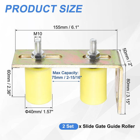 Two Set Heavy Duty Gate Guide Roller Kit With Nylon Rollers And L Shaped Brackets, product dimensions shown