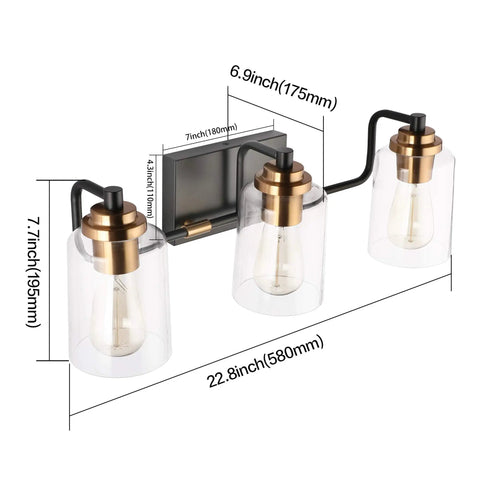 3 Light Vintage Bathroom Vanity Fixture Over Mirror Wall Sconces In Black Brass For Bath No Fuss Easy Install with dimensions