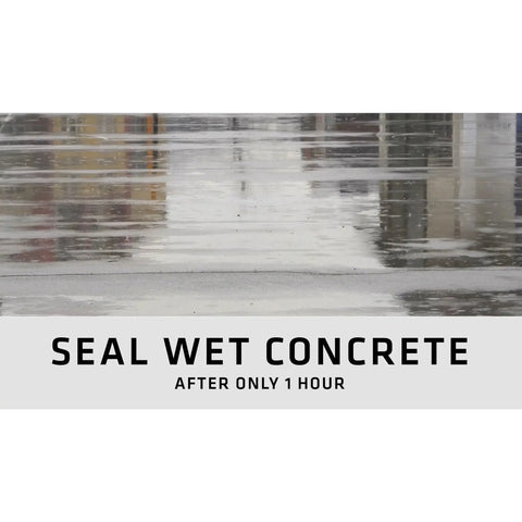 Wet concrete surface with text 'Seal Wet Concrete After Only 1 Hour' for Sikaflex 1C SL Self Leveling Polyurethane Sealant.