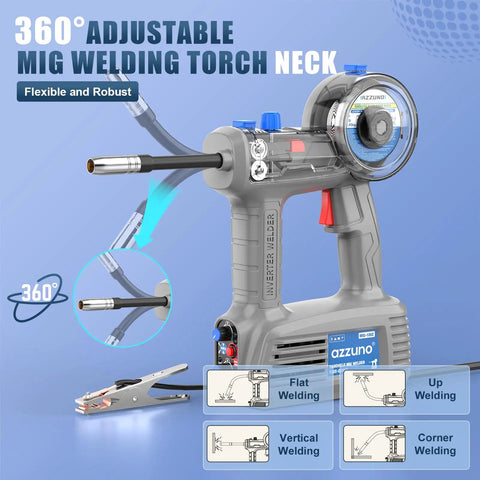 Get Heavy Duty AZZUNO 110V Handheld MIG Welder With 360 Rotating Torch Neck for gasless arc welding flexibility.
