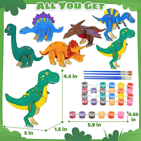 Fun Wooden Dinosaur Craft Kit For Kids Aged 4 To 8 3D DIY Painting Set With Six Dinosaur Figures Paints And Brushes shown