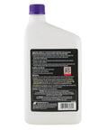 Top Shelf Full Synthetic Power Steering Fluid For Domestic Import And European Rides Honda Acura Friendly Smooth As Butter Hose Seal Defender Extreme Weather Tough 32 Fl Oz Bottle back label with usage details.