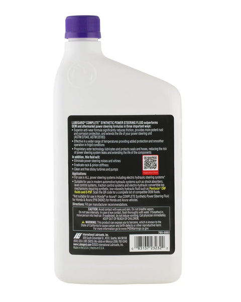 Top Shelf Full Synthetic Power Steering Fluid For Domestic Import And European Rides Honda Acura Friendly Smooth As Butter Hose Seal Defender Extreme Weather Tough 32 Fl Oz Bottle back label with usage details.