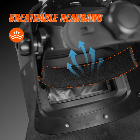 Close-up of breathable headband in Leather Auto Darkening Welding Helmet With True Color Flip-Up Mask, 2x4 1/4 Variable Shade
