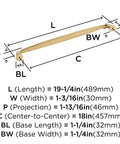Diagram of Champagne Bronze Appliance Pull For Large Paneled Cabinets, 18 Inch Center To Center Cabinet Handle dimensions
